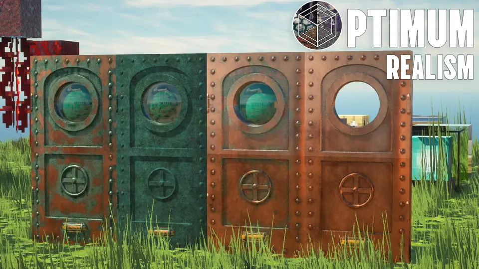Realistic copper doors in Minecraft with Optimum Realism PBR materials