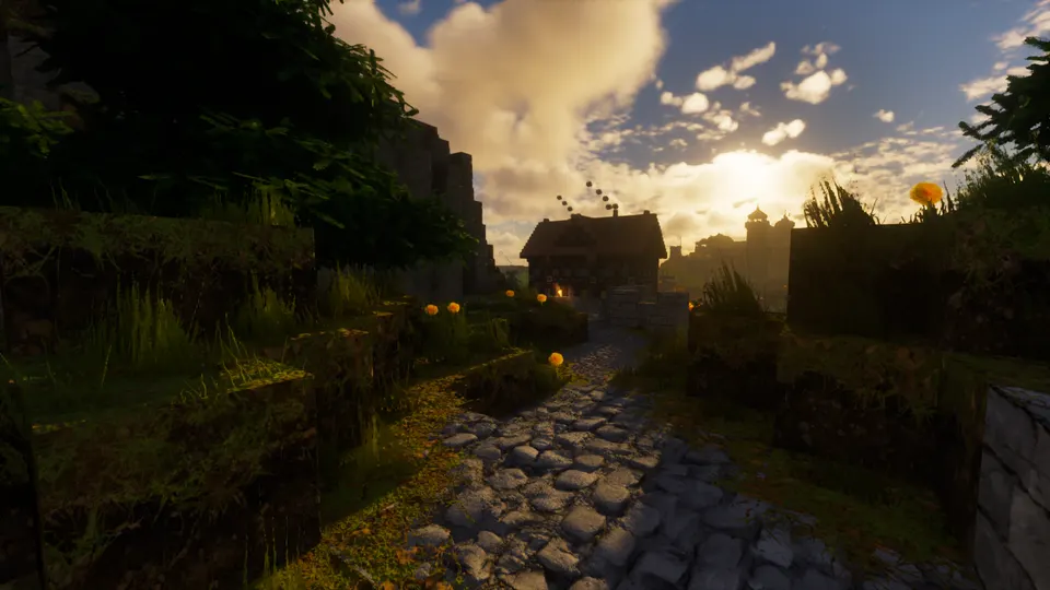 Realistic Minecraft village path at sunset, wet cobblestone and marigolds lit by golden light, Optimum Realism texture pack with shaders