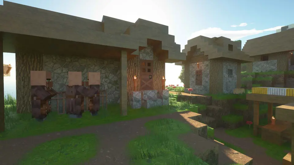 Realistic Minecraft village rendered with PBR textures